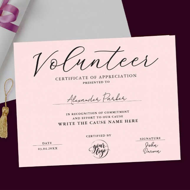 Poster Certificado de Reconhecimento de Voluntário Rosa S (Criador carregado)