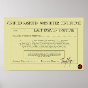 POSTER CERTIFICADO DO WORSHIPPER DE RASPUTIN