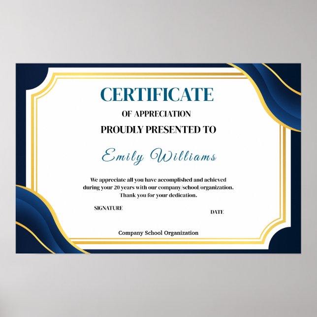 Poster Certificado Dourado de Apreciação Personalizada P (Frente)