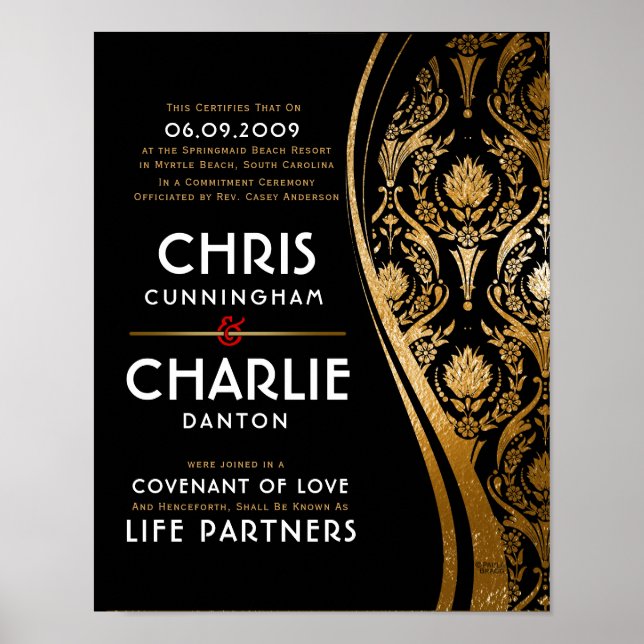 Poster Certificado Dourado Elegante de Casamento Branco N (Frente)