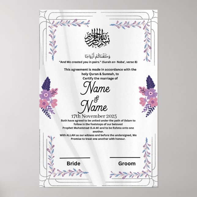 Poster Certificado floral islâmico de nikkah púrpura (Frente)
