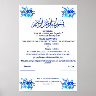 Poster Certificado Islâmico de Nikah Aquarela Azul Real
