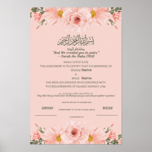 Poster Certificado Islâmico de Nikah Aquarela Rosa Bege