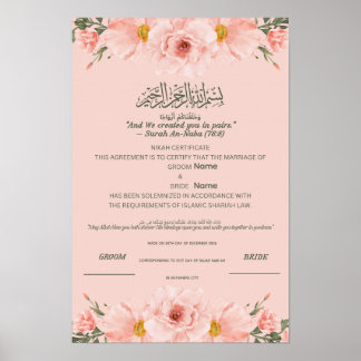 Poster Certificado Islâmico de Nikah Aquarela Rosa Bege