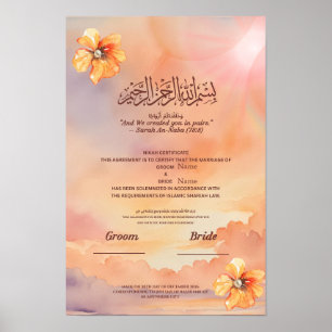 Poster Certificado Islâmico de Nikah Flor de Pêssego e Pé