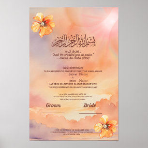 Poster Certificado Islâmico de Nikah Flor de Pêssego e Pé