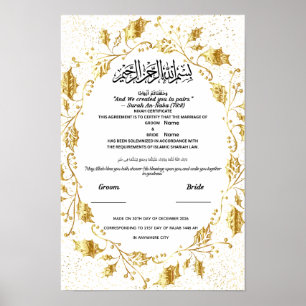 Poster Certificado Islâmico de Nikah Folha Dourada Elegan