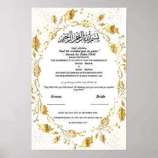 Poster Certificado Islâmico de Nikah Folha Dourada Elegan