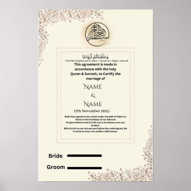 Poster Certificado islâmico de nikkah (Frente)