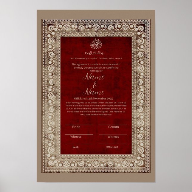 Poster Certificado islâmico Elegante Red e gold Nikkah (Frente)
