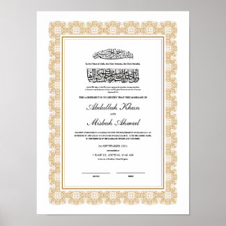 Poster Certificado Nikkah Dourado para Casamento Islâmico