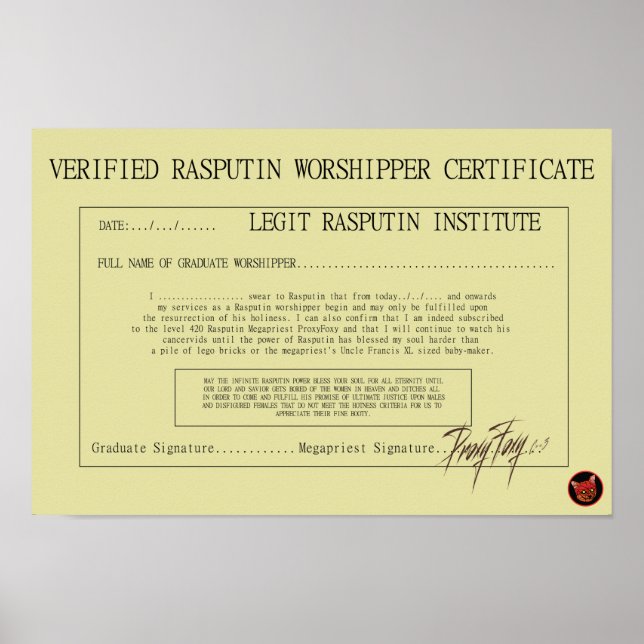 POSTER CERTIFICADO RASPUTIN WORSHIPPER (Frente)