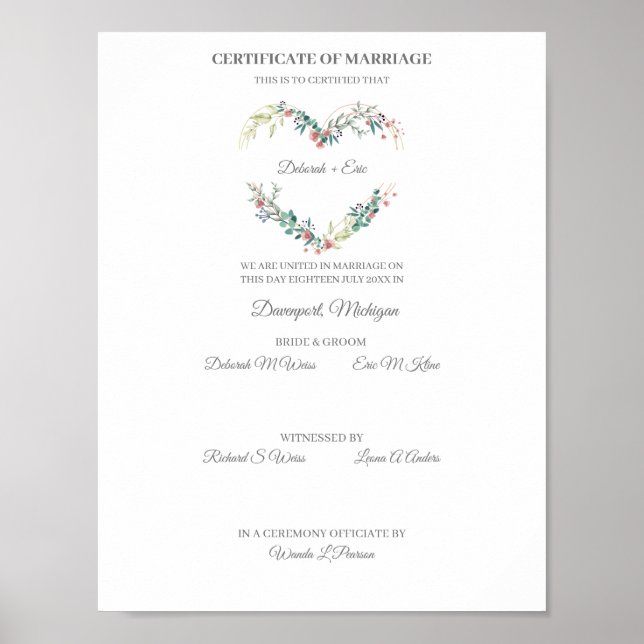Poster Certificate of Marriage Floral Heart in Pink (Frente)