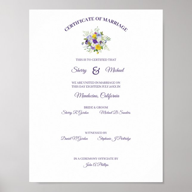 Poster Certificate Simple Floral Roses Pansy Bouquet (Frente)