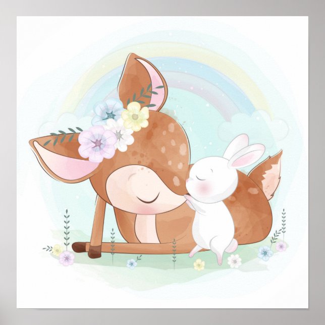 Poster Cervo bebê com um coelho bebê  (Frente)