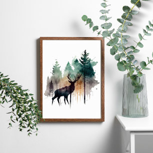 Poster Cervo em Aquarela nas Árvores da Floresta Natureza