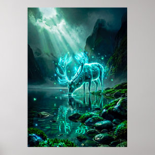Poster Cervo Espiritual Etéreo Ciano Neon Brilhante Fanta