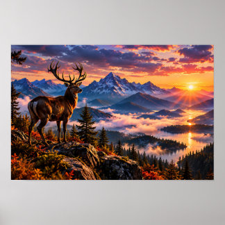 Poster Cervo Majestoso em Pé numa Montanha ao Pôr do Sol