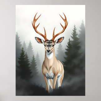 Poster Cervo Majestoso na Floresta Nebulosa – Vida Selvag