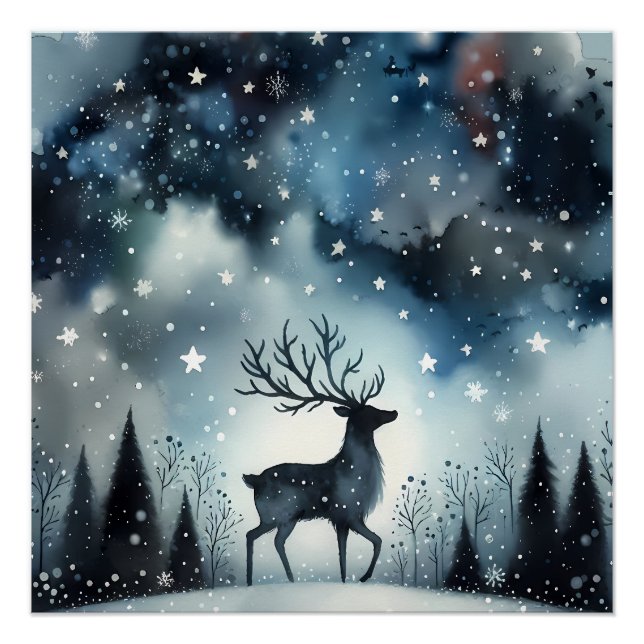 Pôster Cervo Noturno Invernal Estrelado (Frente)