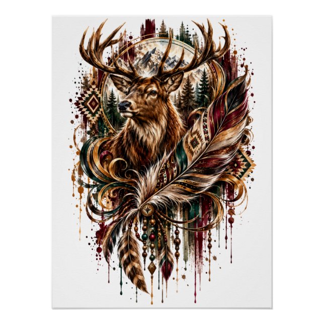 Pôster Cervo Tribal Boho, Sonhando com Cervo (Frente)