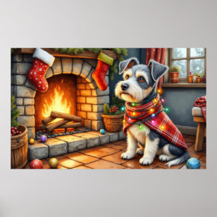Poster Cesky Terrier Lareira com Luzes de Natal
