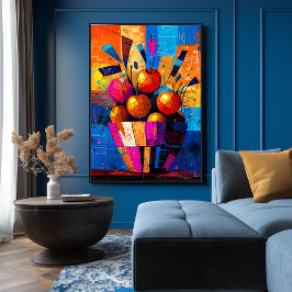 Poster Cesta de Maçãs em Vida Estática Cubista Vibrante