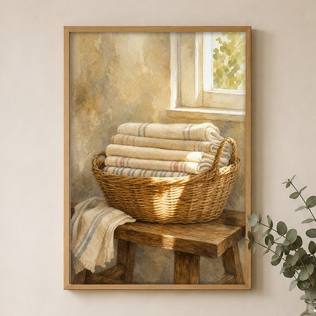 Poster Cesta de Vime com Lençóis Cartaz Aquarela (Shown framed for scale. Poster ships unframed; frames are an optional add-on.)