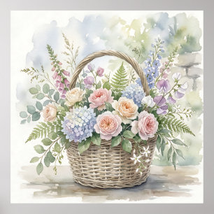 Poster Cesta Floral em Aquarela com Rosas e Hortênsias