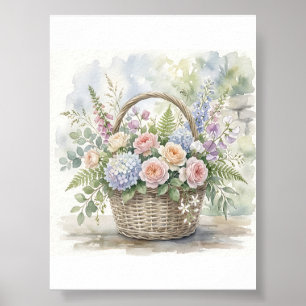 Poster Cesta Floral em Aquarela com Rosas e Hortênsias