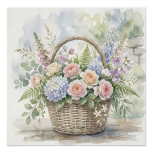 Pôster Cesta Floral em Aquarela com Rosas e Hortênsias