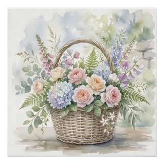 Pôster Cesta Floral em Aquarela com Rosas e Hortênsias
