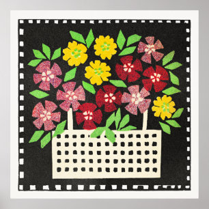 Poster Cesto de Flores, vermelho e amarelo,