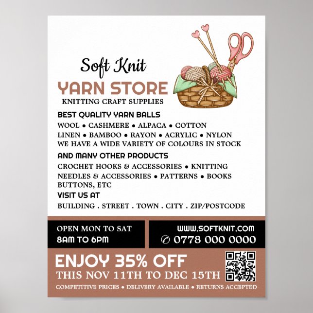 Poster Cesto de tricô, Loja de tricô, Loja de Yarn (Frente)