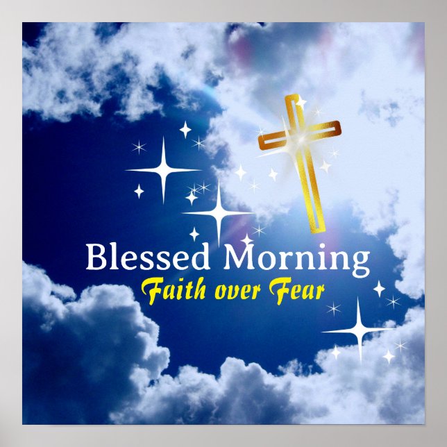 Poster Céu azul com nuvens brancas e cruz Ouro (Frente)