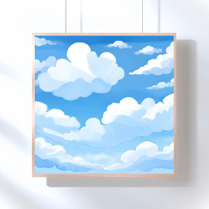 Poster Céu Cheio de Nuvens   Pintura de Céu Azul em Aquar