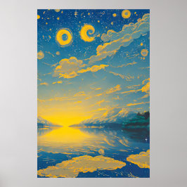 Poster Céu Mágico, Estrelas, Nuvens, Lago, Pintura Retroa