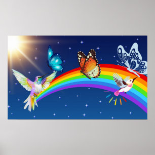 Poster Céu Noturno, Dois Pássaros, Borboletas e um Arco-Í