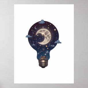 Poster Céu Noturno e Cabana Dentro de uma Lâmpada