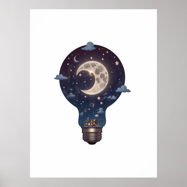 Poster Céu Noturno e Cabana Dentro de uma Lâmpada (Frente)