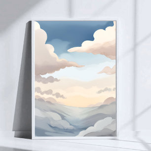 Poster Céus Nublados Nuvens Azuis Celestes em Aquarela