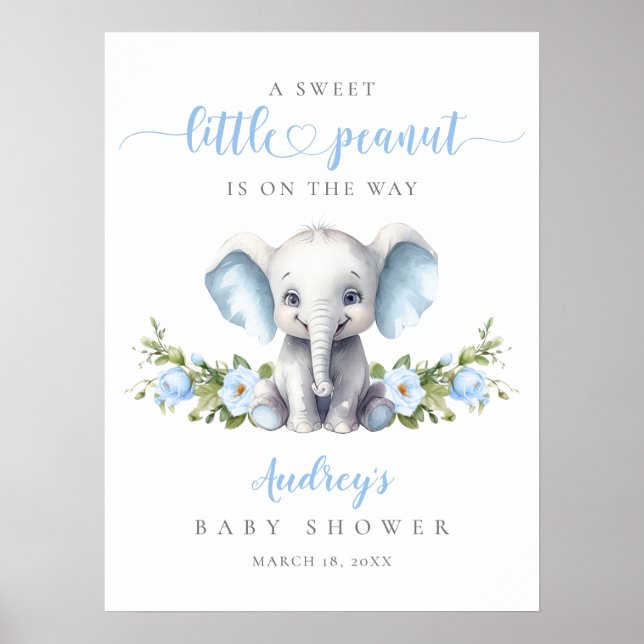 Poster Chá Blue Floral Elephant Baby Boy Bem-vindo (Frente)