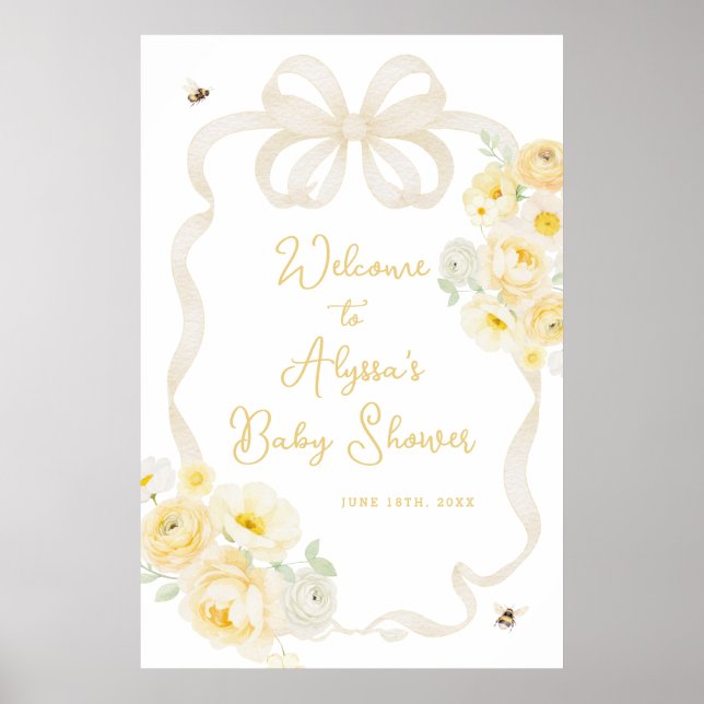 Poster Chá de Bebê Abelha e Floral Amarelo Bem-Vindo (Frente)