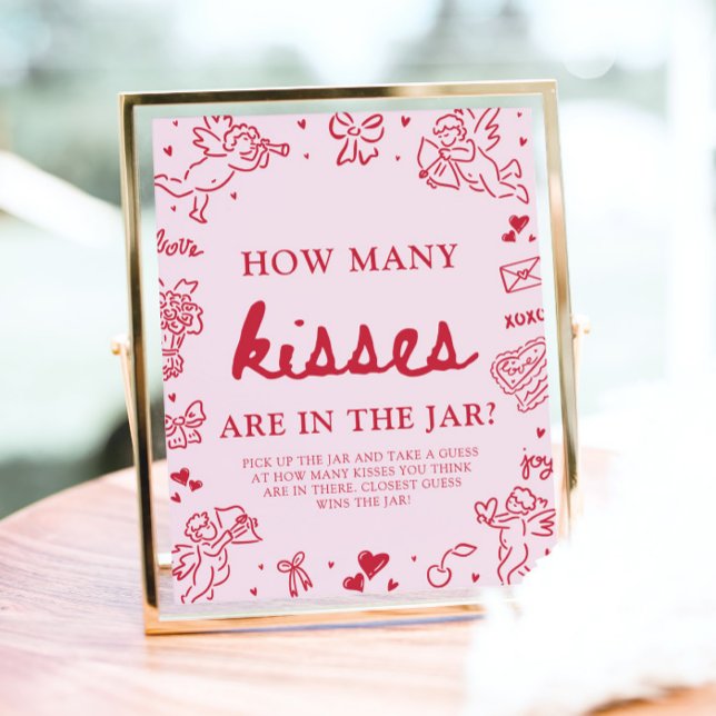 Poster Chá de Bebê 'Adivinhe Quantos Beijos' no Dia dos N (Pink Valentine Guess How Many Kisses Baby Shower Game Sign)