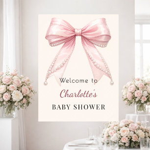 Poster Chá de Bebê arco rosa creme marfim pérolas bem-vin