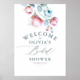 Poster Chá de Bebê Azul Empoeirado Floral Elegante Boas-V