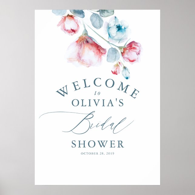 Poster Chá de Bebê Azul Empoeirado Floral Elegante Boas-V (Frente)