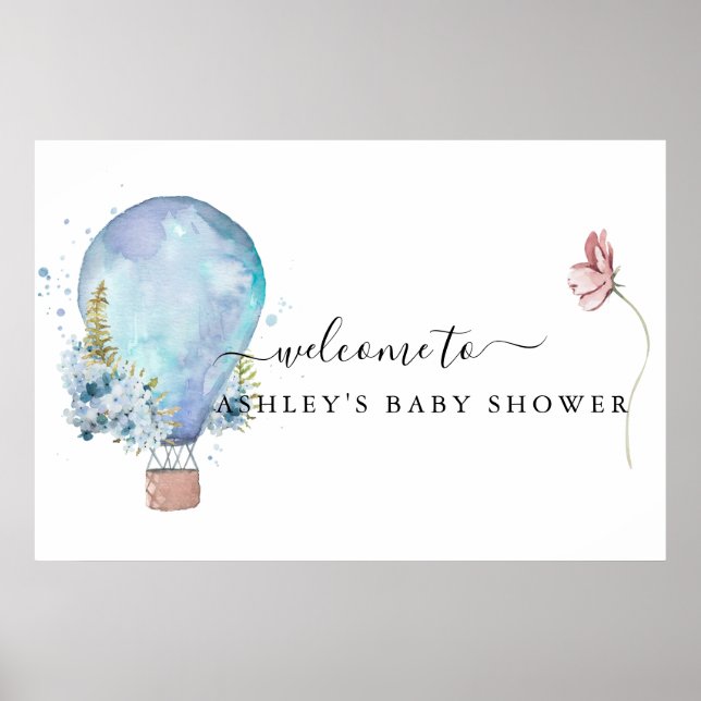 Poster Chá de Bebê Balão de Ar Quente Floral Menta (Frente)