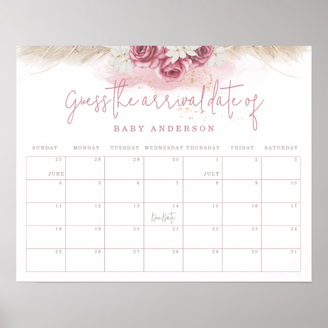 Poster Chá de Bebê Boho Tropical - Adivinhe a Data de Che (Frente)