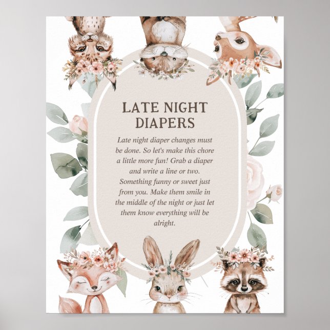 Poster Chá de Bebê Boho Woodland 'Fralda Noturna' (Frente)